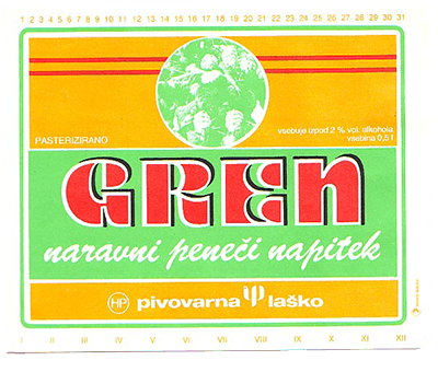 GREN, 1973, natural sparkling drink with under 2% alcohol.