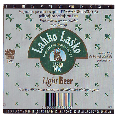 LIGHT LAŠKO, 1993, light beer with under 3% alcohol.